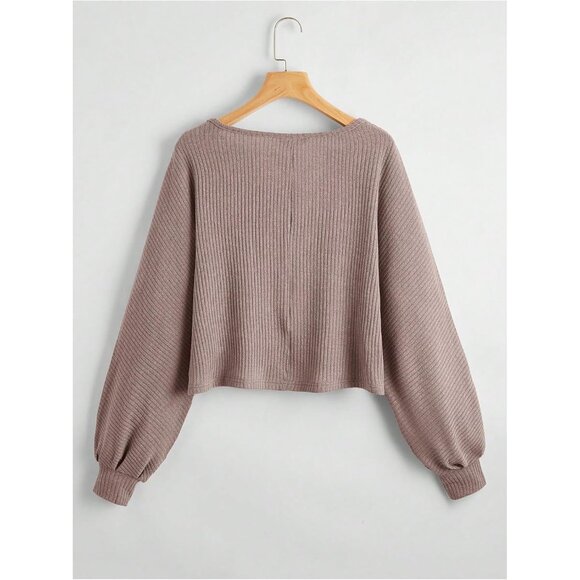 Crewneck Raglan Long Sleeve Ribbed Knit Crop Top Cropped Sweater Mocha Brown - Picture 2 of 5